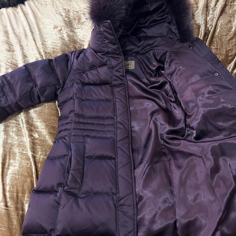 Purple Satin Puffer Coat with Fur Trim